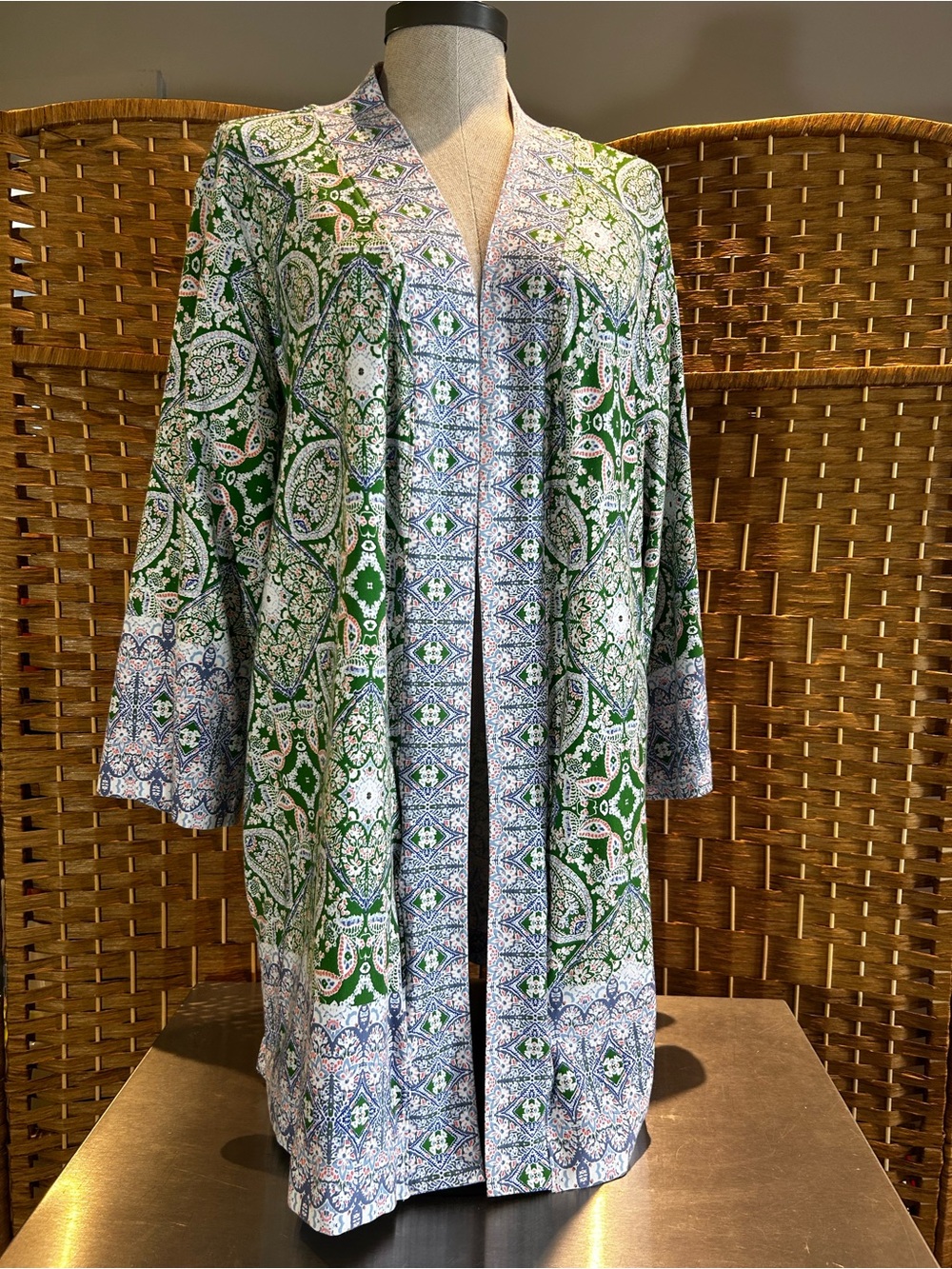 Paisley Open Front Duster Cardigan Plus 1X Pockets Cotton Modal Tunic